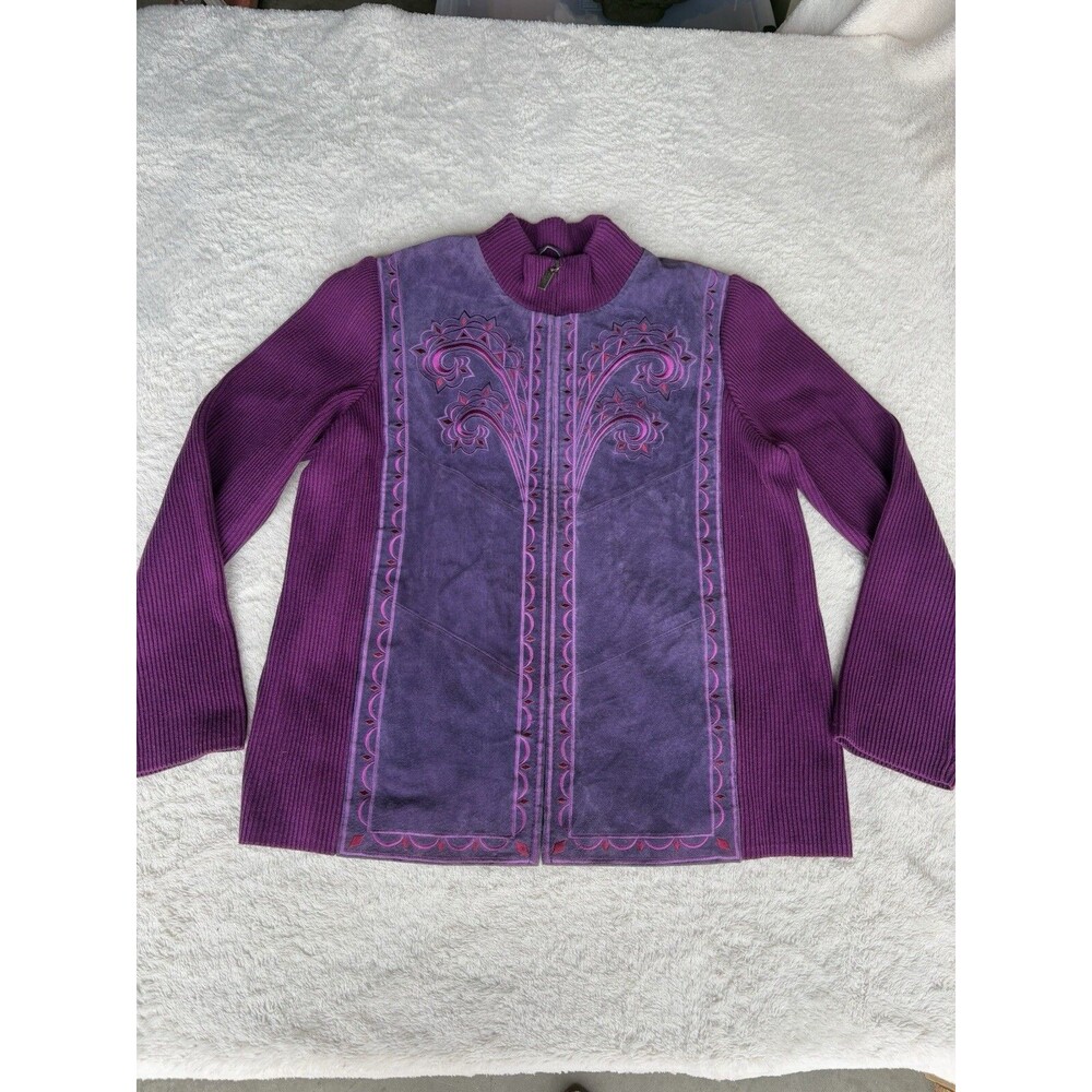 Bob Mackie Purple Suede Leather Wearable Art Jacket Coat Large Full Zip Boho